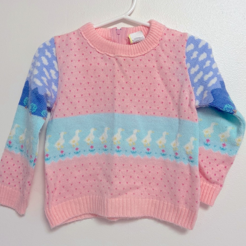 Vintage Pastel Sweater With Geese, Trees, And Flowers